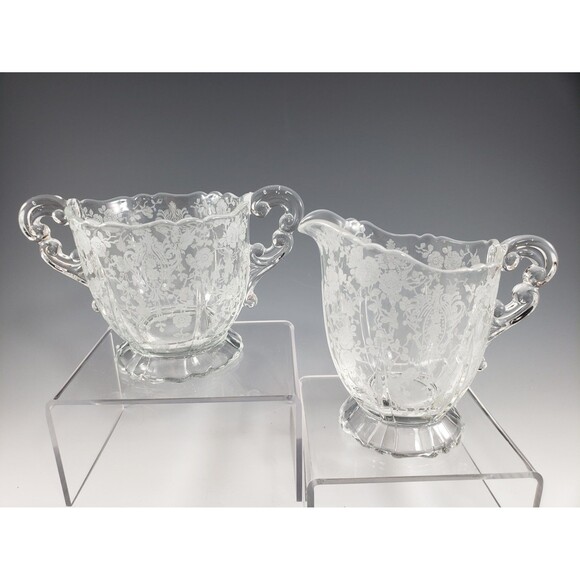 1940s Rose Point Creamer & Open Sugar Set Cambridge Glass Etched Pattern VTG - Picture 1 of 10
